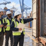 Conceptual painting of trade officials examining cargo at a port.