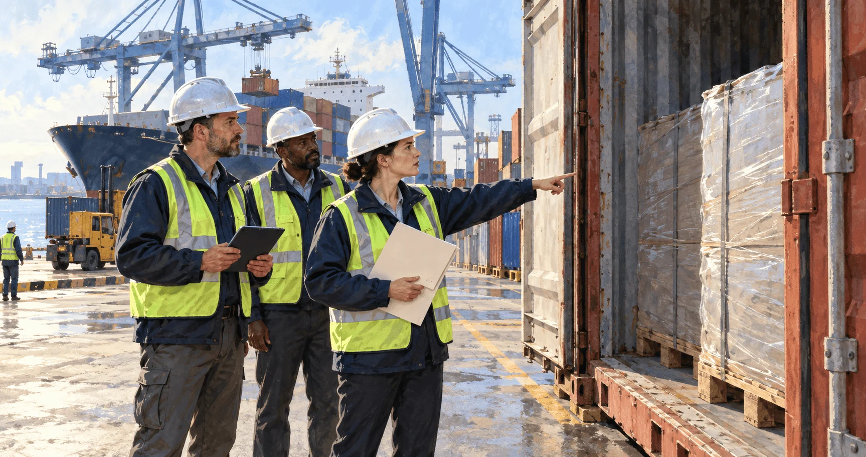 Conceptual painting of trade officials examining cargo at a port.