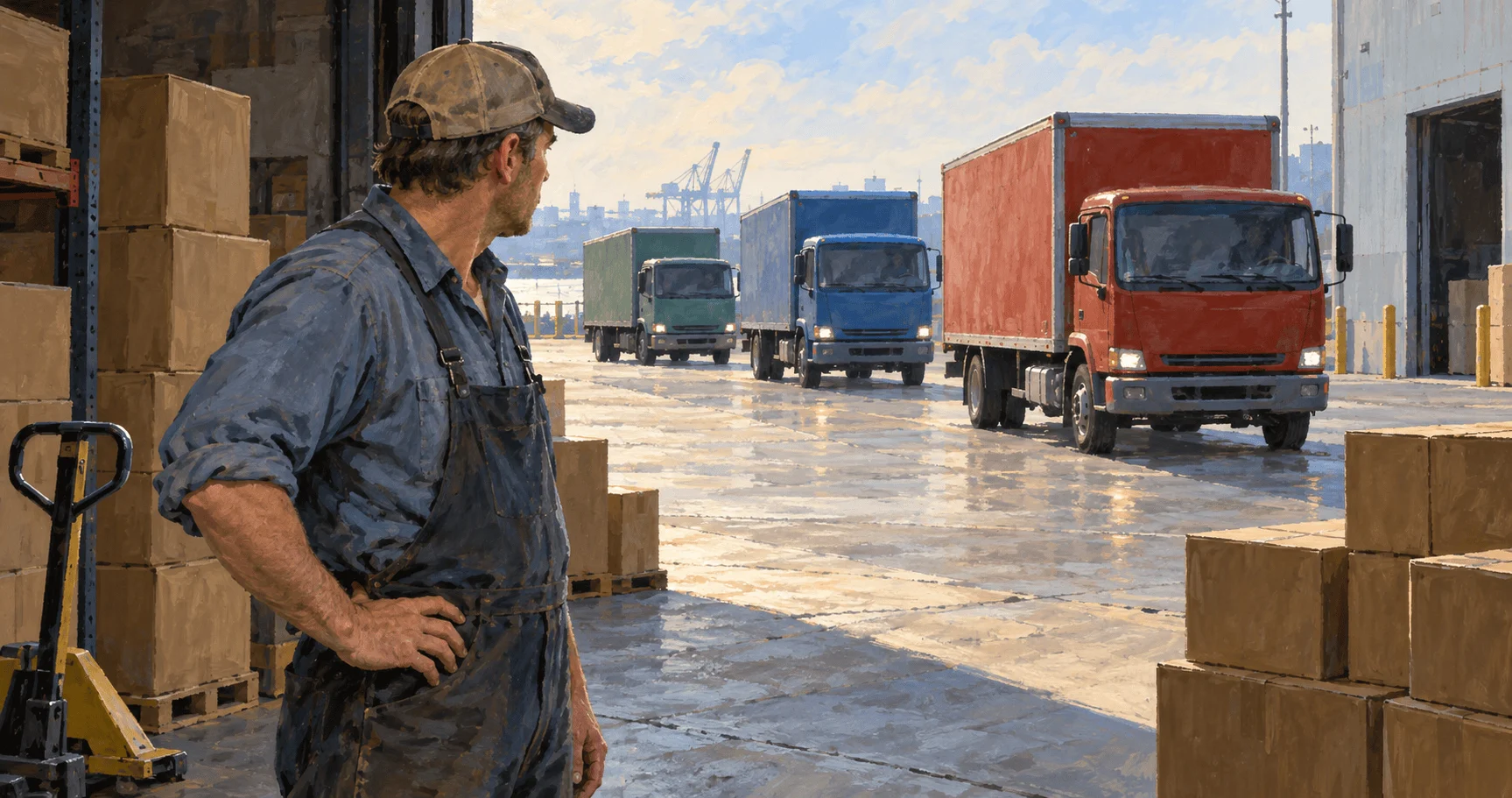 Conceptual painting of an importer watching varied cargo streams at a warehouse.
