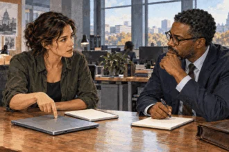 Conceptual painting of a journalist discussing confidential-source risk with counsel.