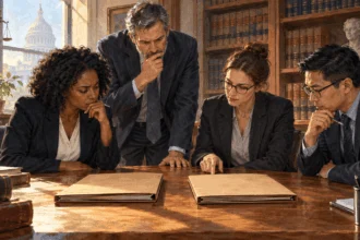 Conceptual watercolor of legal staff considering two closed case folders in a library.