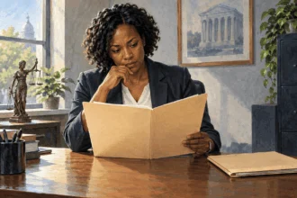 Conceptual painting of an investigator reviewing an unmarked case folder.