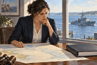 Conceptual painting of a maritime-law adviser studying a sea chart and legal binder.