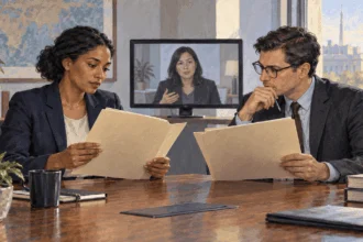 Conceptual painting of officials coordinating a sanctions review.