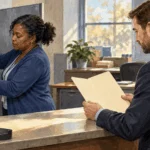 Conceptual watercolor of an election records custodian securing files during a legal discussion.