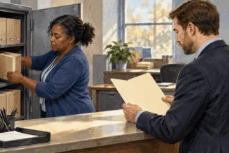 Conceptual watercolor of an election records custodian securing files during a legal discussion.
