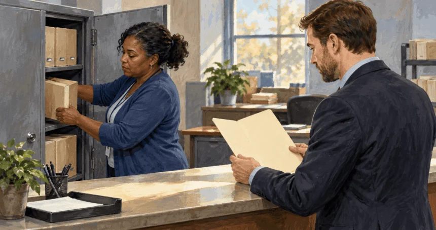 Conceptual watercolor of an election records custodian securing files during a legal discussion.
