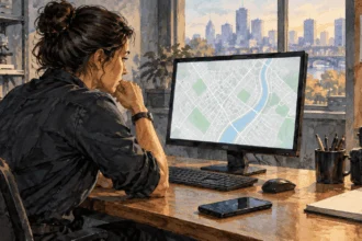 Painted illustration of a digital forensics analyst considers a simple unlabeled map on a screen and an ordinary phone resting on a desk.