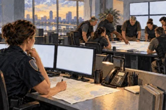Conceptual watercolor of local and federal public-safety teams working at separate desks.