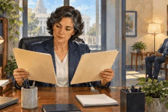 Conceptual watercolor of a federal hiring officer considering unmarked applications.