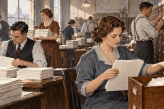 Conceptual watercolor painting of historical clerks sort government orders into archive drawers.