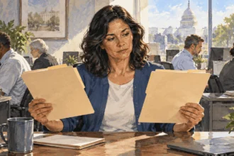 Conceptual watercolor of a federal worker considering blank personnel folders in an office.
