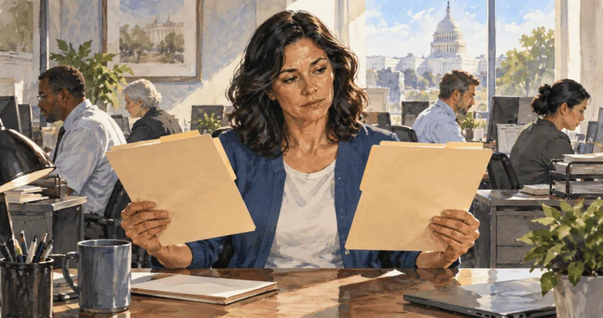 Conceptual watercolor of a federal worker considering blank personnel folders in an office.