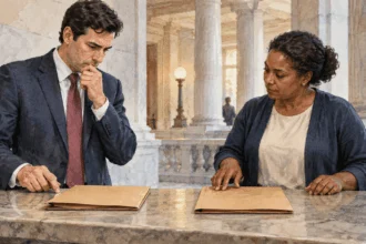 Conceptual watercolor of an attorney and clerk considering two closed folders at a courthouse counter.