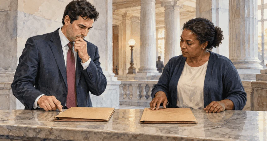 Conceptual watercolor of an attorney and clerk considering two closed folders at a courthouse counter.