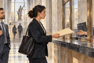 Conceptual watercolor of lawyers submitting a motion folder at a courthouse clerk’s window.
