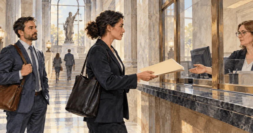 Conceptual watercolor of lawyers submitting a motion folder at a courthouse clerk’s window.