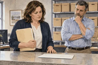 Conceptual watercolor of election workers considering a closed records folder and unopened envelope.