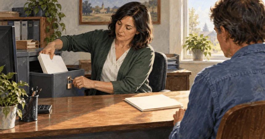 Painted illustration of an election worker placing records into a locked drawer beside a public folder.