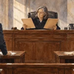 Conceptual watercolor of a judge considering two case folders in a civil courtroom.