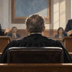Conceptual painting of lawyers presenting opposing arguments in a courtroom.