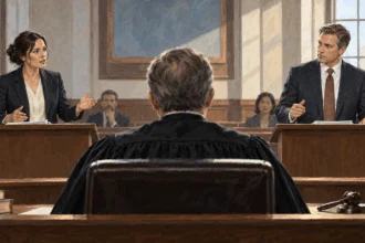 Conceptual painting of lawyers presenting opposing arguments in a courtroom.