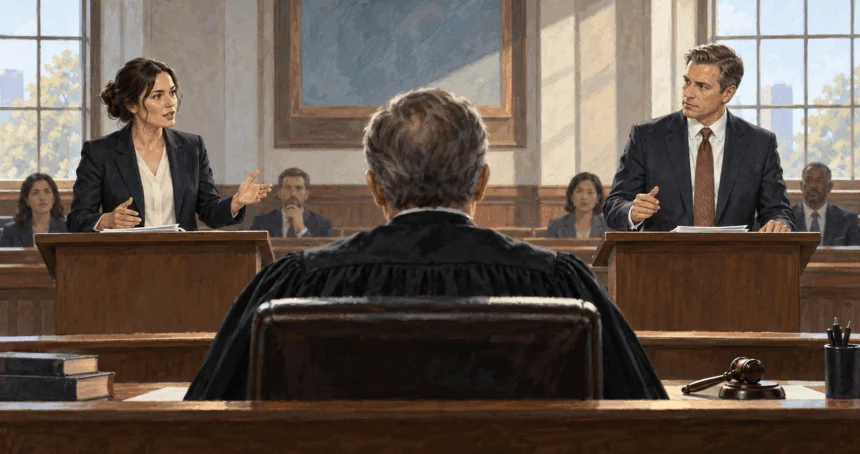 Conceptual painting of lawyers presenting opposing arguments in a courtroom.