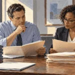 Conceptual painting of health insurer finance worker and an independent reviewer compare blank claims and premium folders in a plain office.