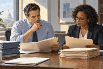 Conceptual painting of health insurer finance worker and an independent reviewer compare blank claims and premium folders in a plain office.