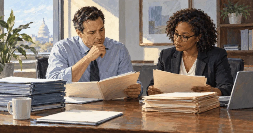 Conceptual painting of health insurer finance worker and an independent reviewer compare blank claims and premium folders in a plain office.