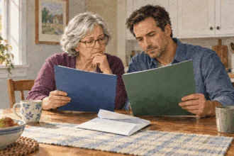 Painted illustration of a family comparing Medicare plan folders at home.