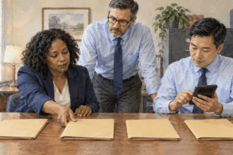 Conceptual watercolor of policy analysts comparing closed plan folders and a calculator.