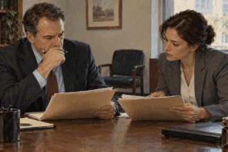 Attorneys review unmarked evidence folders in a conceptual courtroom-adjacent office.