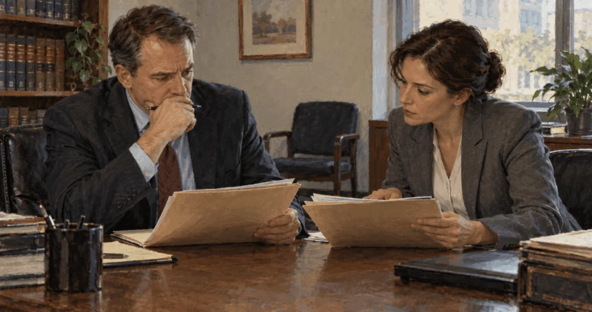 Attorneys review unmarked evidence folders in a conceptual courtroom-adjacent office.