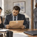 Conceptual painting of institutional legal staff reviewing a subpoena folder.