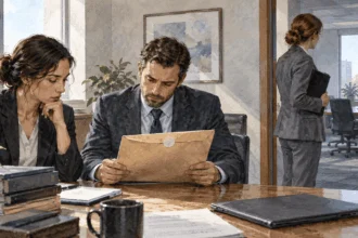 Conceptual painting of institutional legal staff reviewing a subpoena folder.