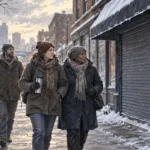 Conceptual painting of neighbors walking past a closed shop on a winter city street.