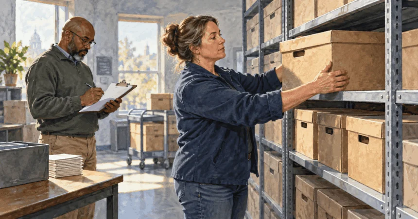 Painted illustration of election records workers shelving and inventorying a box of old ballots.