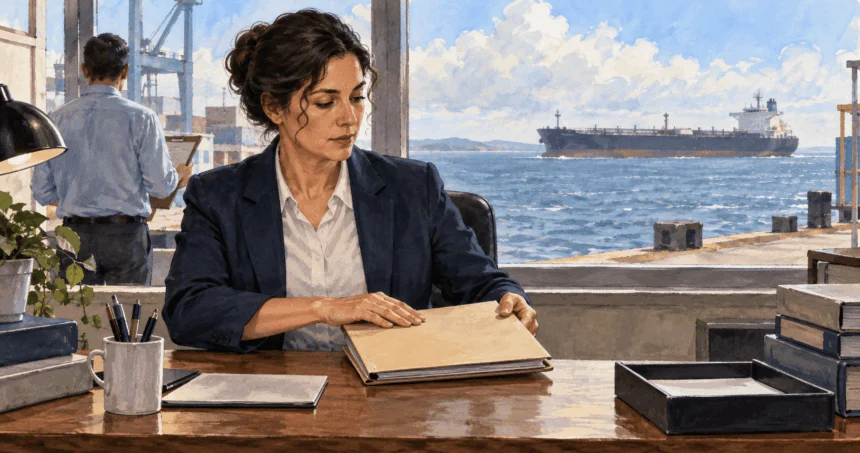 Trade analyst closes a tariff folder with a distant tanker offshore.