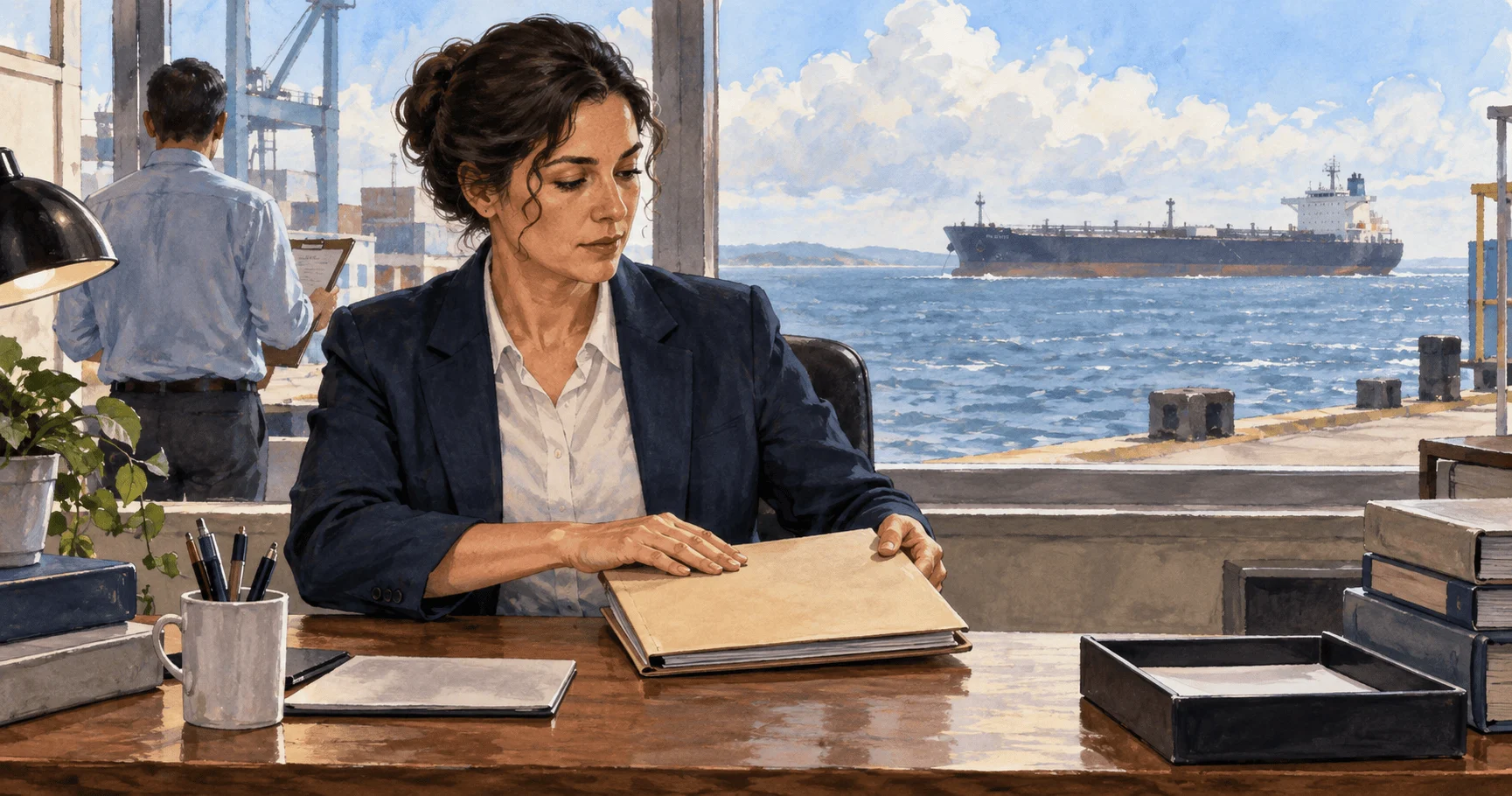 Trade analyst closes a tariff folder with a distant tanker offshore.