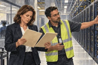 Competition analyst studies partnership folders beside data-center equipment.