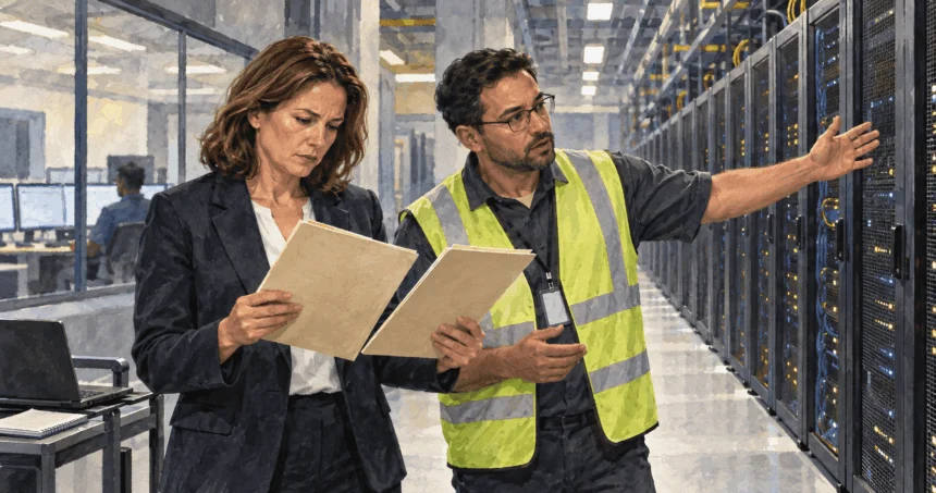 Competition analyst studies partnership folders beside data-center equipment.