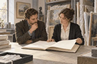 Conceptual painting of an heir and archivist reviewing a late artist's work.