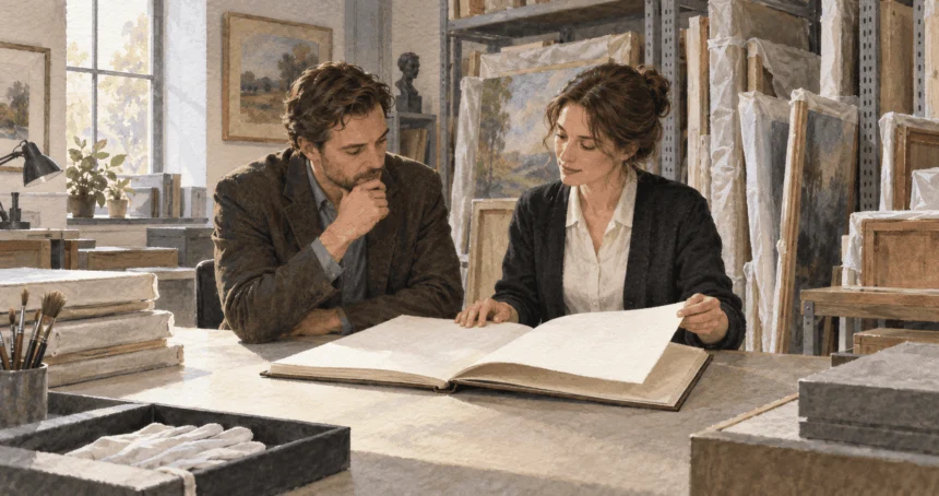 Conceptual painting of an heir and archivist reviewing a late artist's work.