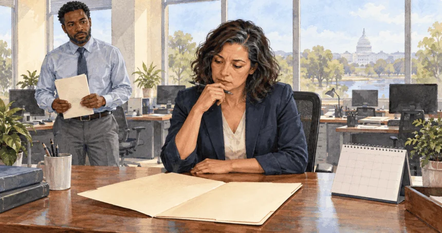 Conceptual watercolor painting of administrators check appropriations timing.