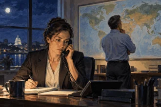 Conceptual painting of diplomatic staff considering a late-night international report.