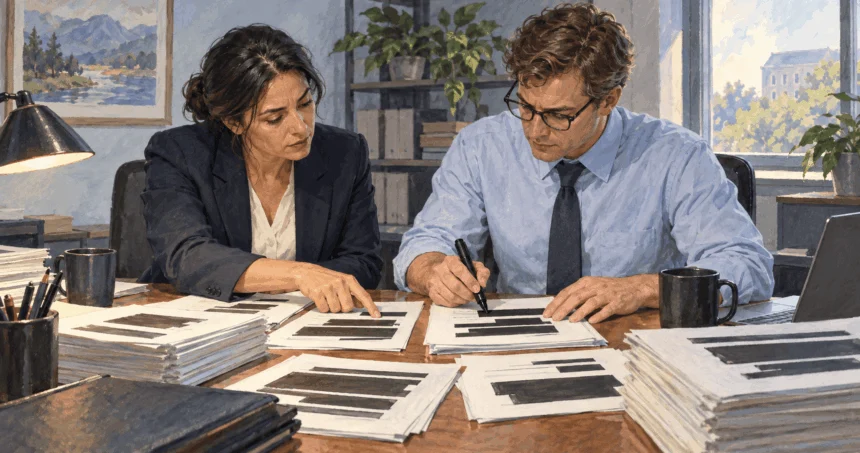 Conceptual painting of reviewers protecting privacy before a public records release.
