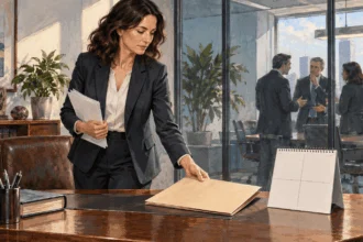 Conceptual painting of a compliance lawyer preparing a corporate disclosure.