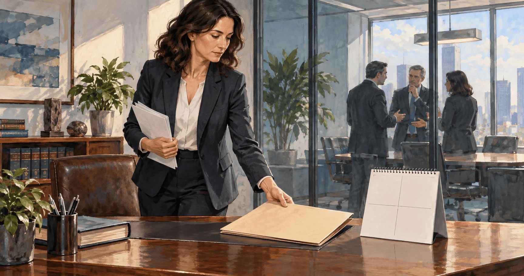 Conceptual painting of a compliance lawyer preparing a corporate disclosure.