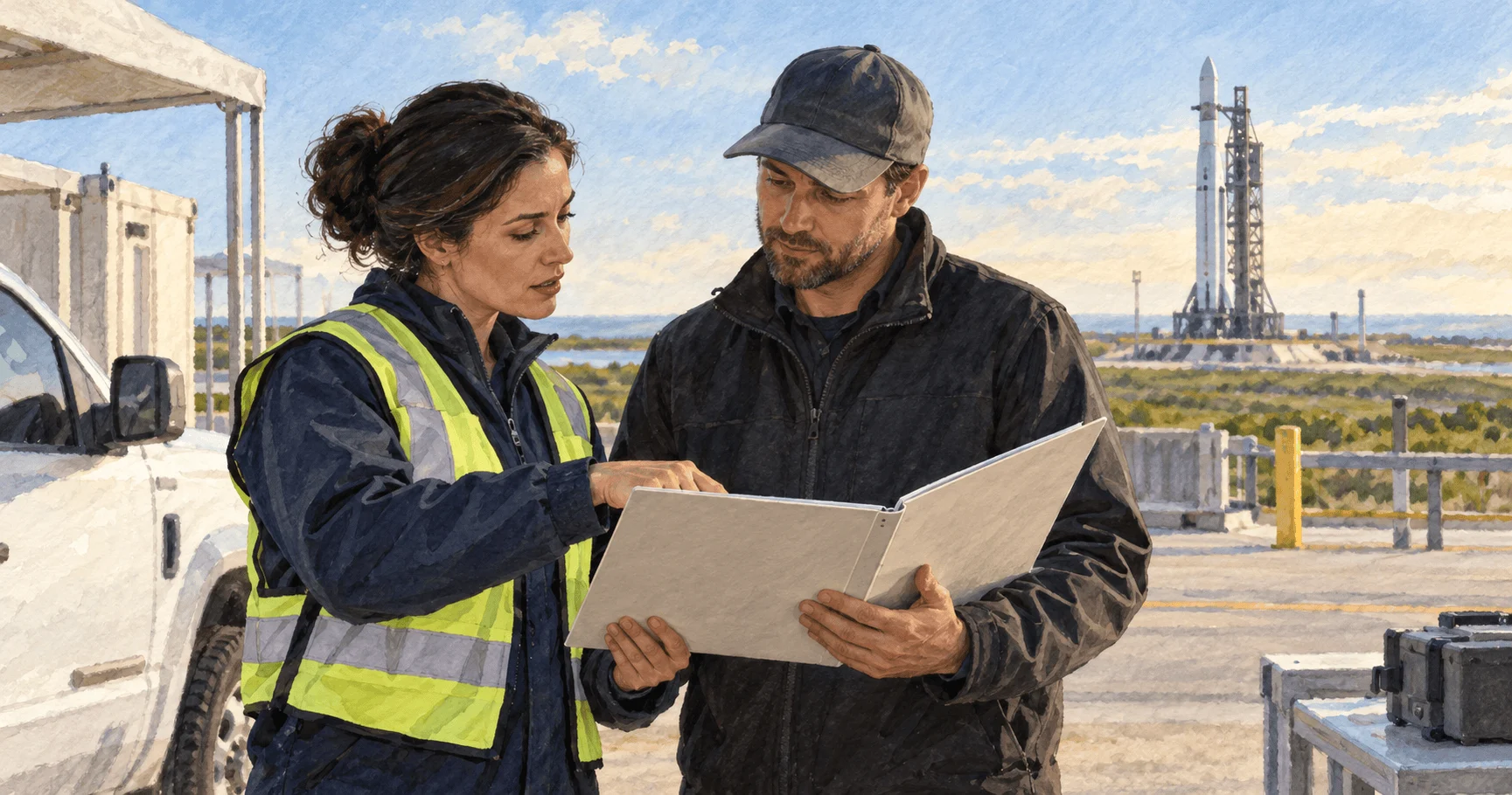 Launch-safety inspector and commercial operator review a license folder near a rocket pad.